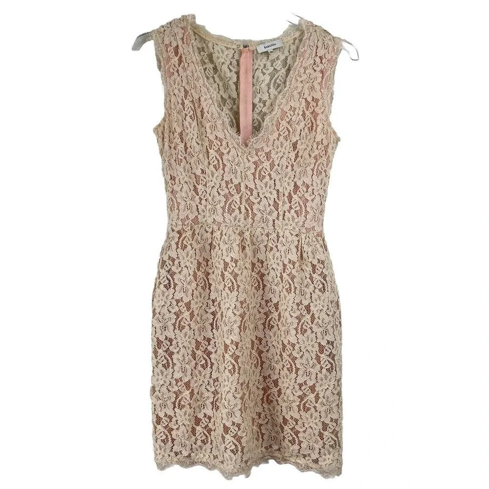 Babaton Aritzia Lace Fit Flare Dress Women 2 Floral V-Neck Sleeveless Blush‎
